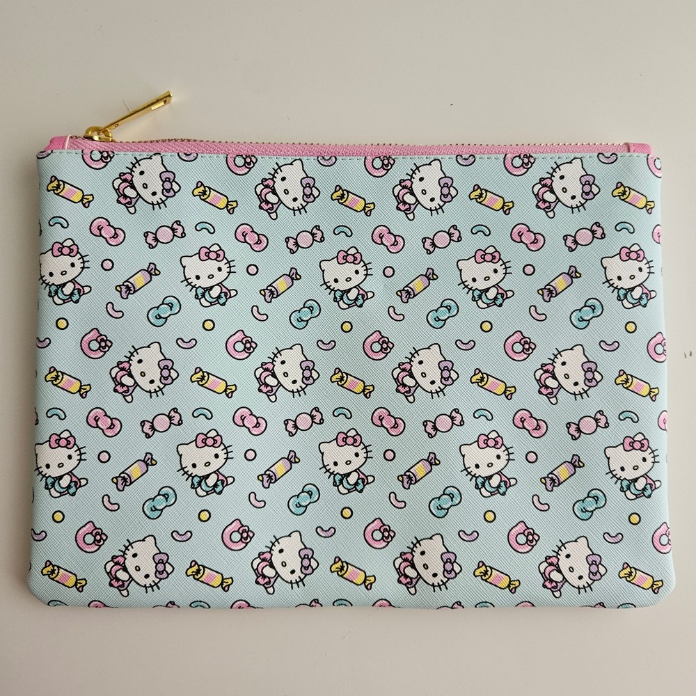 Sanrio‎ 2024 Hello Kitty Pouch Cosmetic Blue Candy Print Zippered Bag 10in x 7in